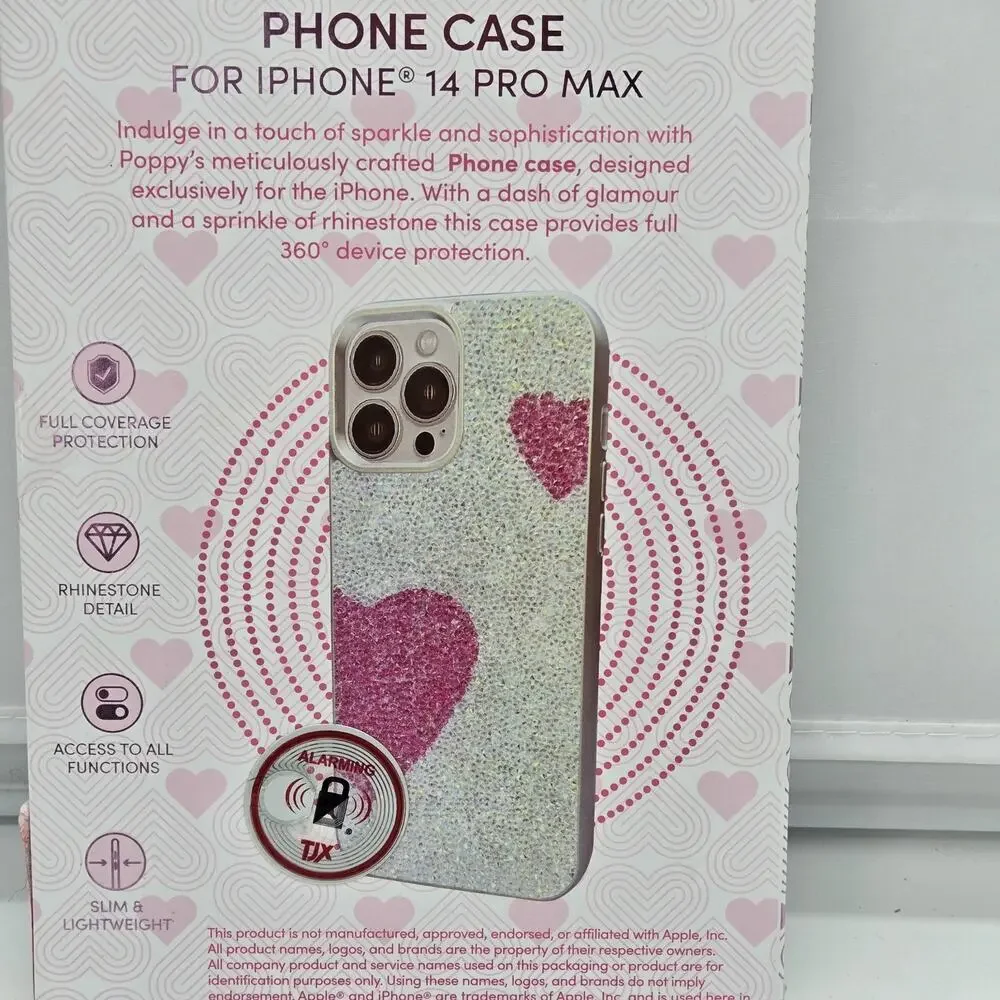 Glitter Pink Silver Hearts iPhone 14 Pro Max Rhinestone Coquette Princess NeW
